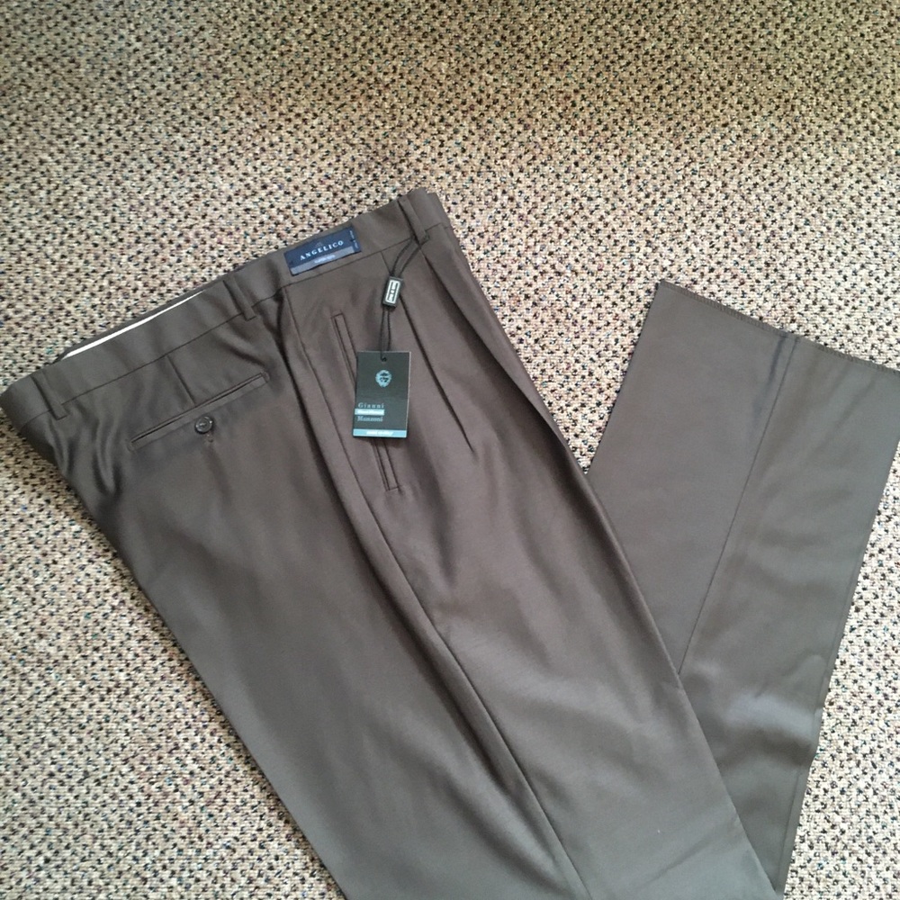 Gianni manzoni men’s dress pants 42w brown wool super 120s Italy pleated new 65 - Picture 2 of 8